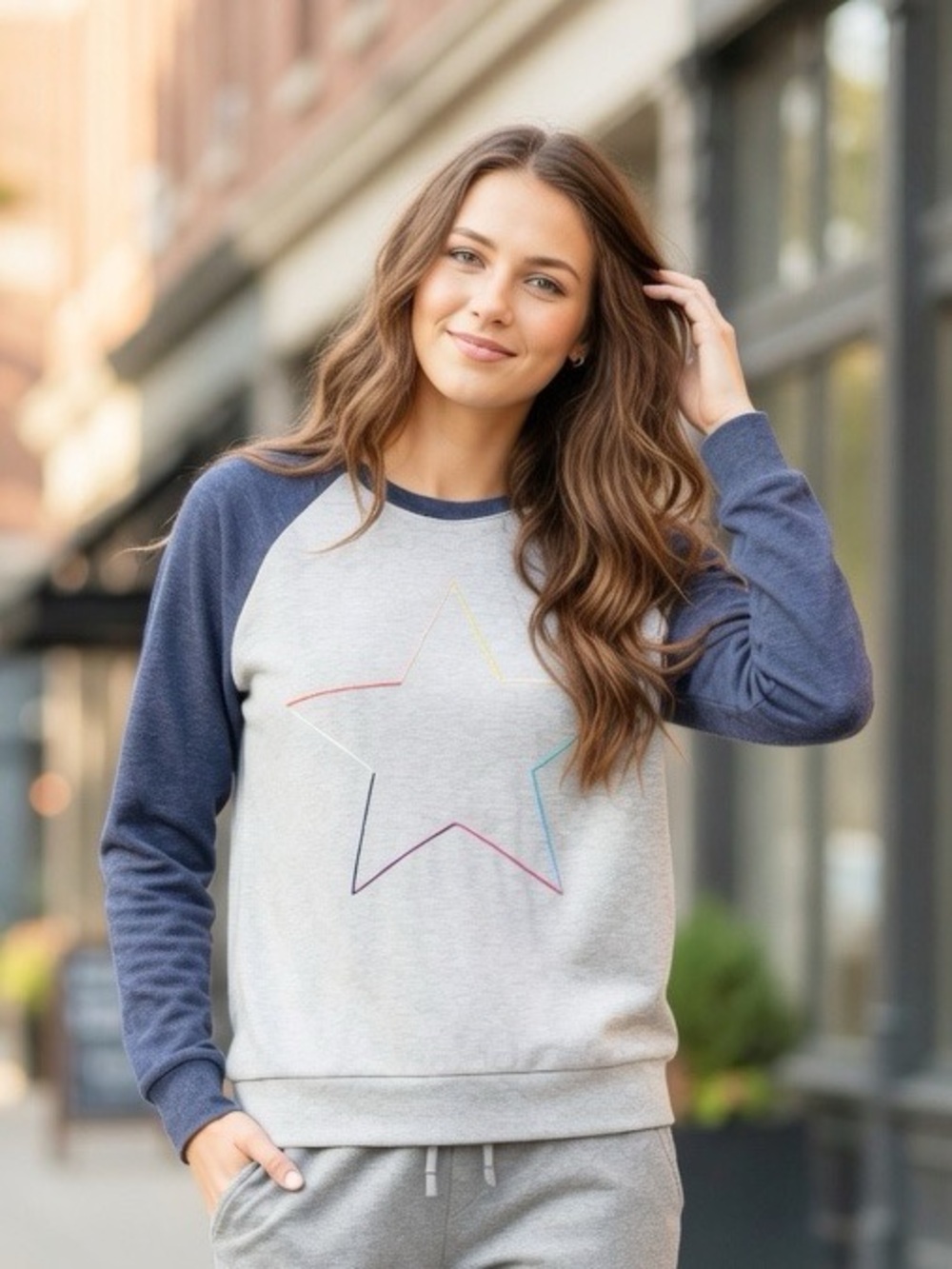 PJ Salvage Rainbow Star Gray Navy Long Sleeve Raglan Shirt Top - Picture 2 of 10
